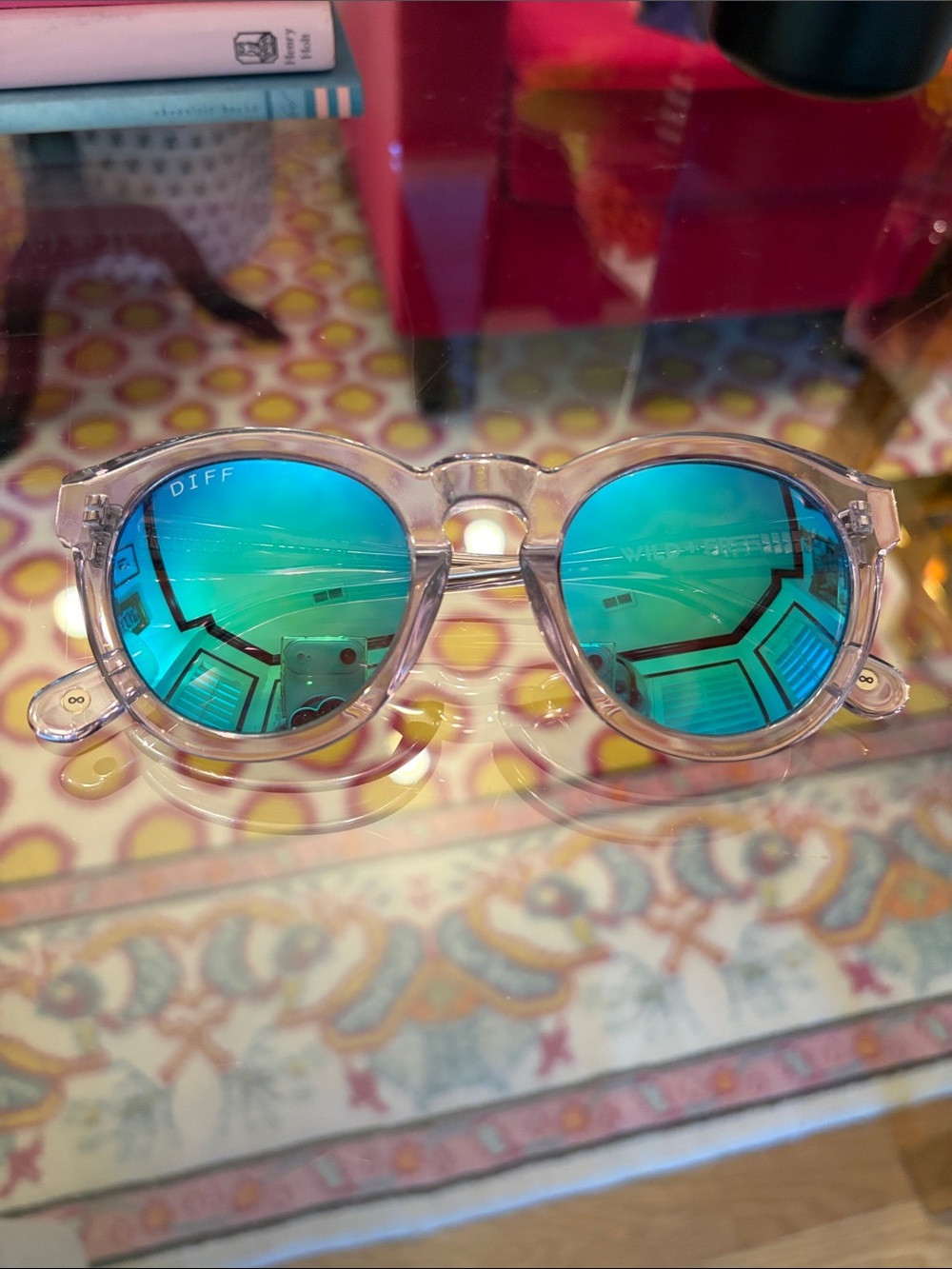 DIFF Clear Frame Sunglasses with Blue-Green Mirrored Lenses